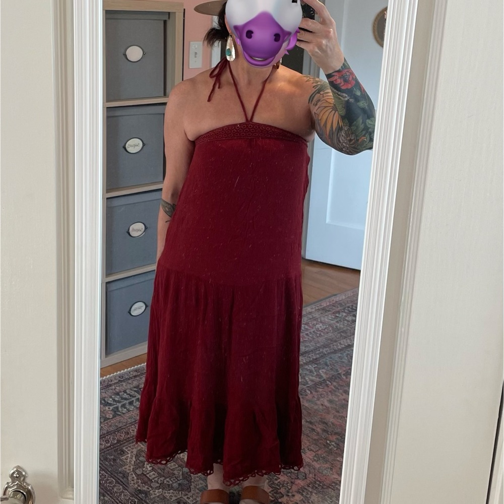 EARTHBOUND Strapless Burgundy Dress